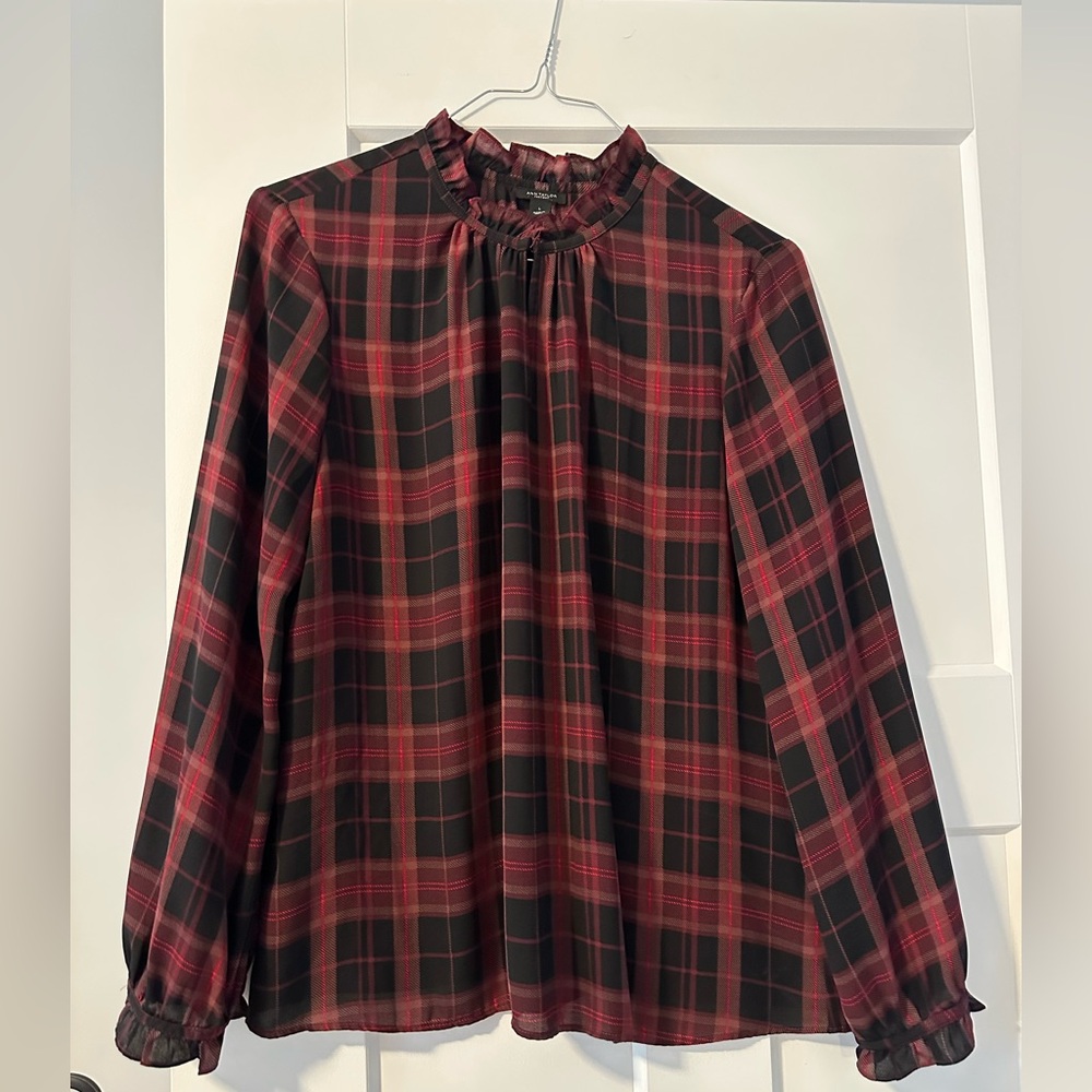 Plaid Ruffle Neck Women's Top -Ann Taylor Factory